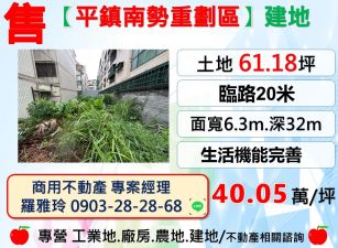 【平鎮南勢重劃區】20米路公園綠地生活機能完善建地