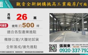 觀音全新鋼構挑高廠房/可廠登