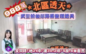 北區文賢路武聖夜市旁前後鄰路透天厝/售988萬.價可談/林惠美0973386116