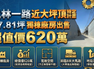 鳳林一路近大坪頂特定計畫區｜57.81坪獨棟廠房出售，超值價620萬