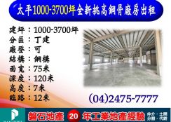 太平｜1000-3700坪｜全新挑高鋼骨廠房出租