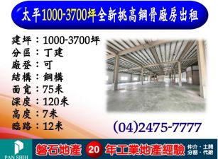 太平｜1000-3700坪｜全新挑高鋼骨廠房出租