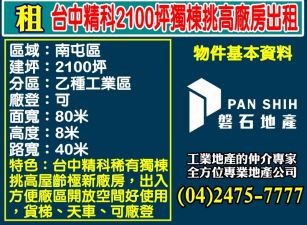 台中精科2100坪獨棟挑高廠房出租
