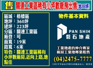 ️關連工業區｜稀有小坪數廠房出售｜地360坪️