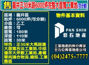 龍井正30米路6000坪完整大面寬工業地(可分割)