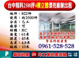 【台中精科｜2500坪旗艦級4樓立體廠辦】